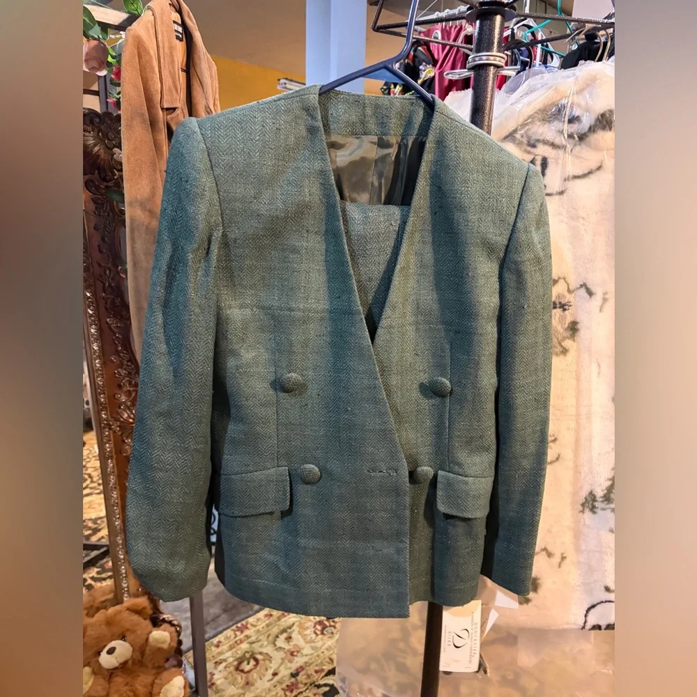 100% Silk 2 piece suit in Sage Double-Breasted Blazer vintage 70s - Picture 6 of 6